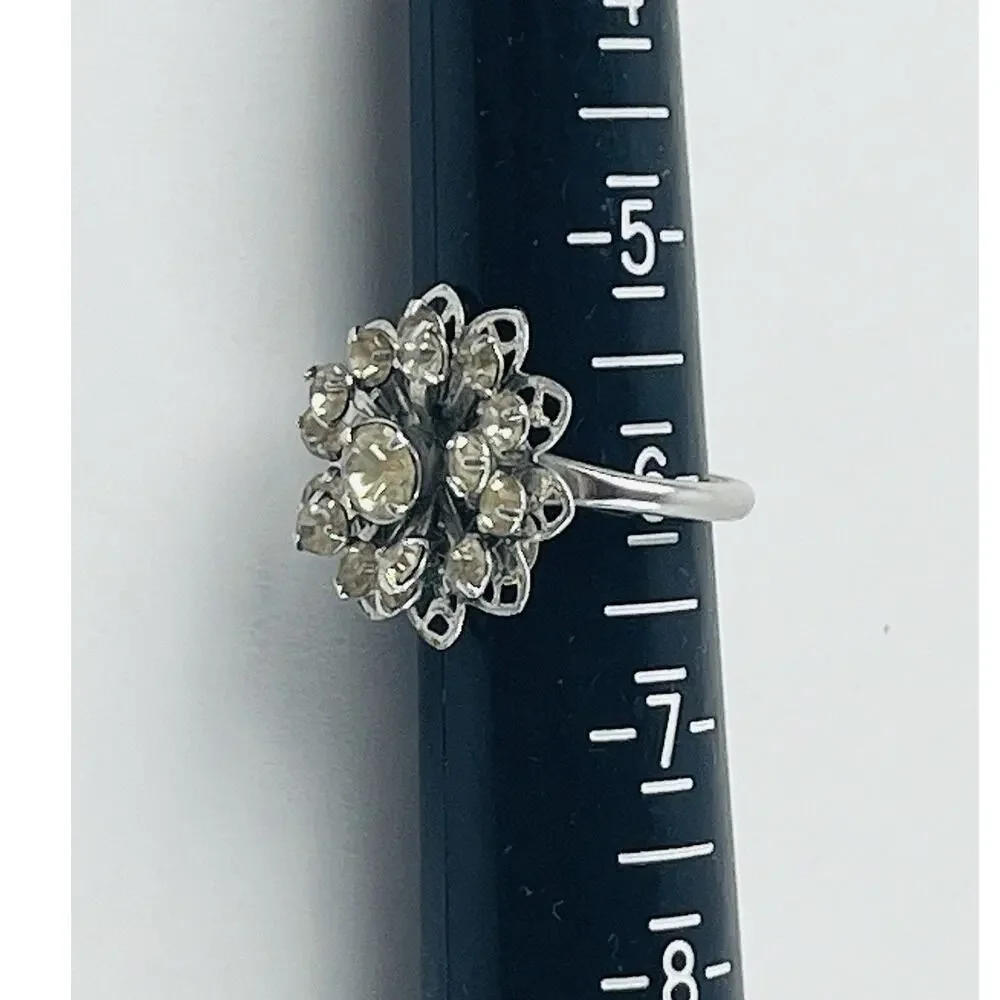 SARAH COVENTRY Rhinestone Flower Ring Silver Tone Vintage Signed Tiered Layered